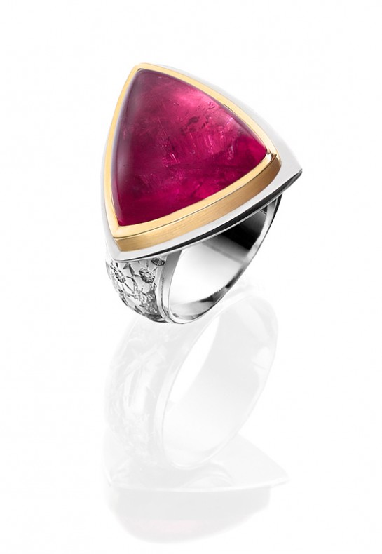 Photography of a trilliant cabochon tourmaline ring- a new collection of jewellery by an independent UK jewellery designer- 