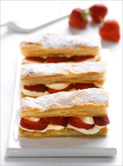 Recipe photography for producing a meille feuille vanilla slice named after Napoleon