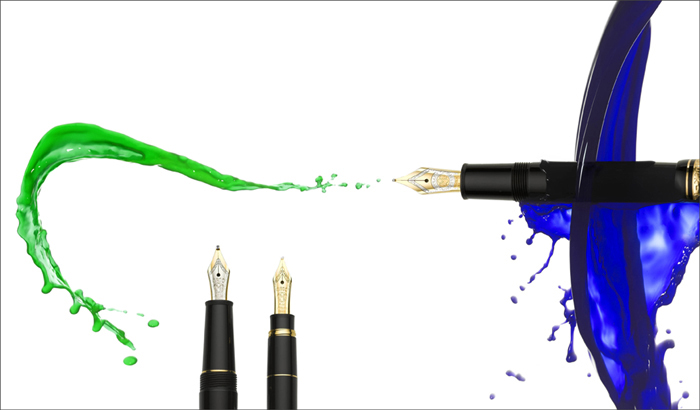 Photography of Mont Blanc Pens with a waterfall of ink