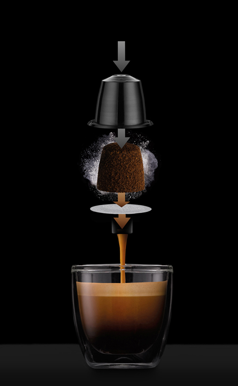 Photograph illustrating the new Dualit NX capsule and how it works