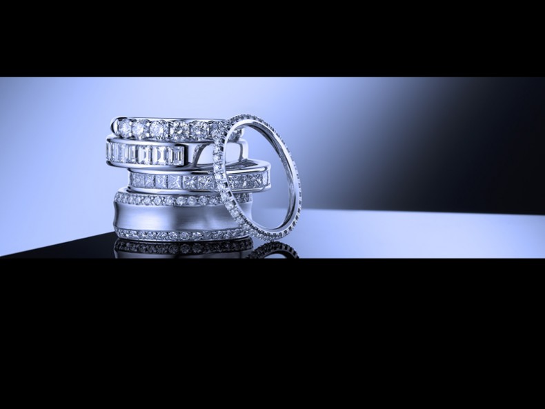 A collection of 5 rings photographed for a Jeweller's website