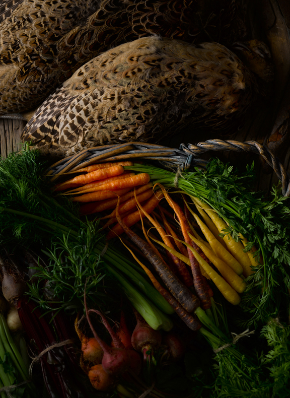 Front cover showing a brace of hen pheasants and various ingredients available from UK Farmers